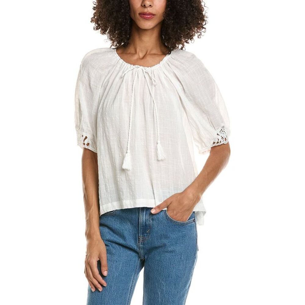 Max Studio Womens Crochet Inset Elbow Sleeve Blouse, White